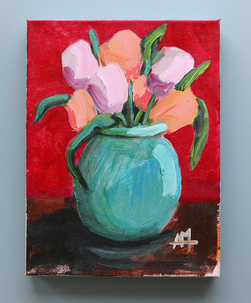Tulips in Blue Vase Original Painting by Angela Moulton