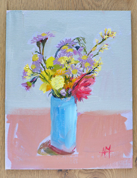 Wildflowers in Blue Vase Original Oil Painting by Angela Moulton