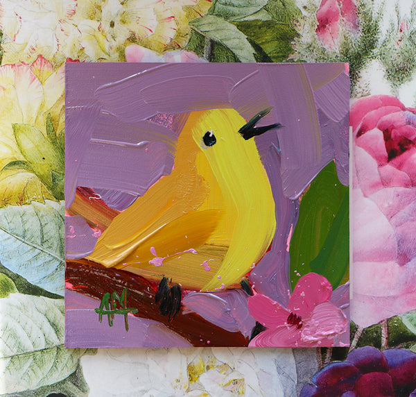Yellow Warbler on Lavender Original Oil Painting by Angela Moulton